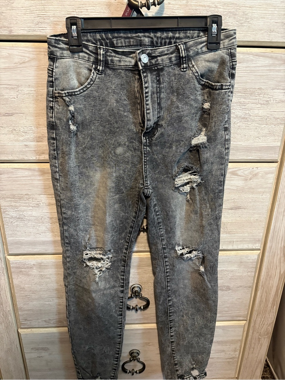 SHEIN Womanโs Distressed Gray/Black Skinny Ripped Jeans